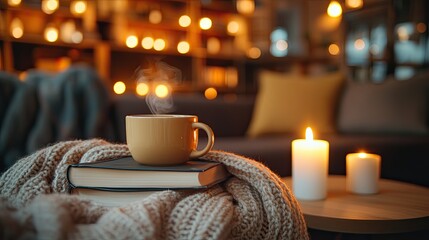 2. A cozy corner in a modern cafe with plush seating, a stack of books, and a warm blanket draped over the arm of the chair, with a cup of cappuccino steaming beside a lit candle