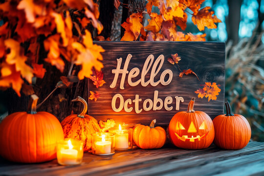 "Hello October" sign with pumpkins, candles, and autumn leaves creating a cozy fall atmosphere