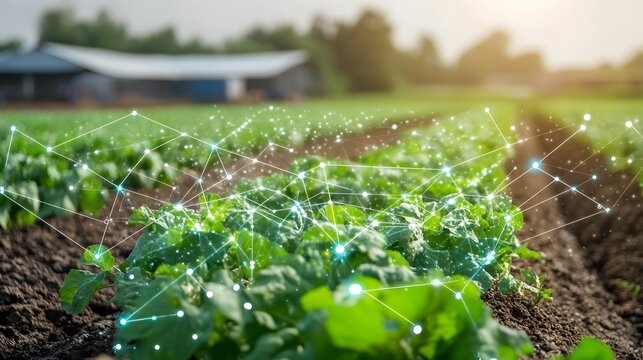 Photograph of a high tech smart farm implementing IoT sensors and data analytics to automate irrigation schedules optimize water usage and improve overall agricultural efficiency and sustainability