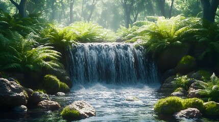 Fototapeta premium Mossy Waterfall Cascading Through Lush Ferns in Peaceful Forest Landscape