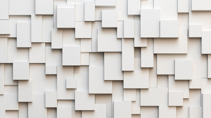Abstract geometric background with a grid of three-dimensional white rectangular blocks of various sizes, creating a modern and minimalistic pattern.
