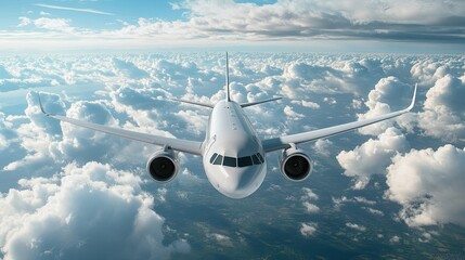 Passenger plane flying in the sky with amazing clouds in the background, traveling by air transport for investors and business advertising