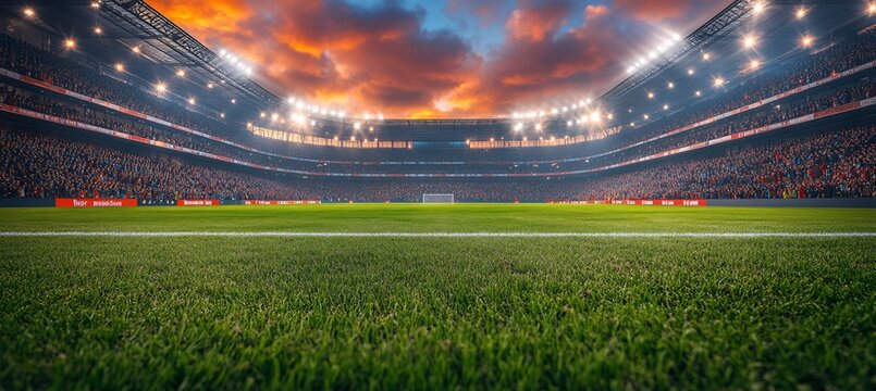 A large stadium with bright lights and green grass, full of cheering fans at night 