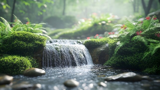 Moss and Ferns Thriving Beside a Serene Waterfall in a Natural Landscape
