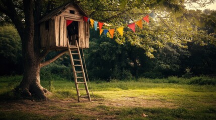 Rustic Treehouse with Colorful Bunting in a Lush Green Forest Setting During Golden Hour