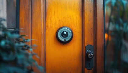 Obraz premium Smart doorbell with camera installed at the entrance, ready to monitor visitors