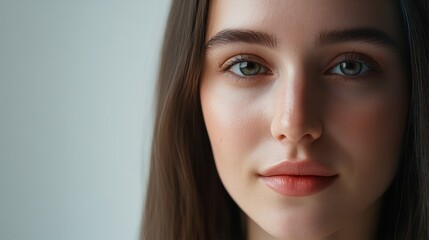 Fototapeta premium Close-Up Portrait of a Young Woman with Natural Makeup and Smooth Skin Against a Soft Background