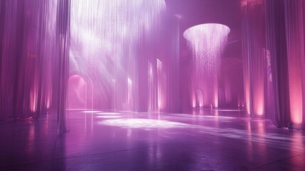 Enchanting Stage Set in Soft Purple and Pink Hues with Ethereal Light Patterns Creating a Dreamy and Romantic Atmosphere