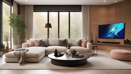 Large TV in living area. sophisticated living area featuring a large TV. AI generative.