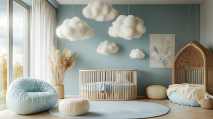 Moden minimal and simple pastel blue wooden baby bed room, wooden crib. cushion sofa, and wooden floor with cute floating and hanging white clouds. Ai generated.