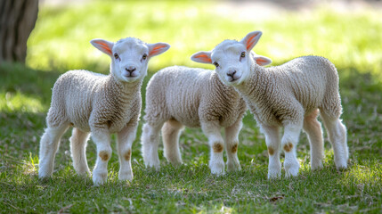 Obraz premium First-class lambs play on the green grass. --ar 16:9 --v 6.1 Job ID: 697b85a5-fa10-4f47-93dd-a3f950432e94