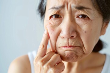 歯とお肌の悩みがあるシニアの日本人女性（皮膚科・美容皮膚科・美容整形・ニキビ・虫歯）