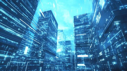 Corporate buildings with digital interface elements, representing cutting-edge technology in the business world.