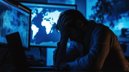 Stressed office worker reviewing global data and strategies at night