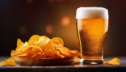 Front view glass of beer with chips