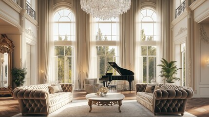 Fototapeta premium An elegant classic living room with high ceilings, crown moldings, and a large crystal chandelier, featuring a pair of tufted velvet sofas,
