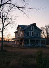 An old, dilapidated two-story farmhouse with a wrap-around porch, surrounded by bare trees in a grassy field at dusk