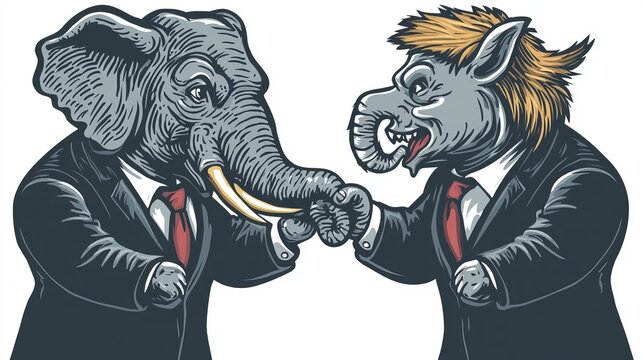 Democrats vs republicans are facing off in a ideological duel on the american flag. In American politics US parties are represented by either the democrat donkey or republican elephan