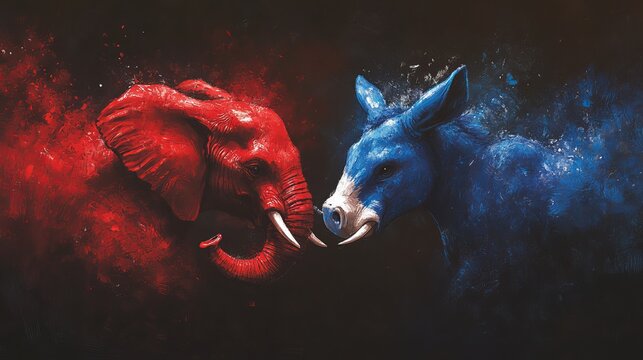 Democrats vs republicans are facing off in a ideological duel on the american flag. In American politics US parties are represented by either the democrat donkey or republican elephan