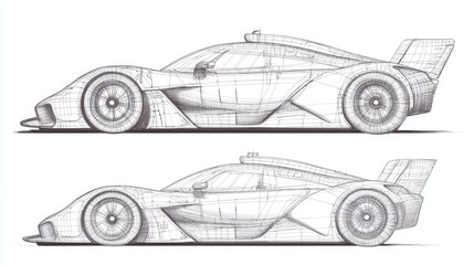 set of racing car line art draw blueprint wireframe from all side view.