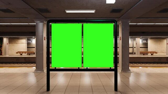 Empty billboard with a green screen for advertising on a subway station. 4k 3D animation 