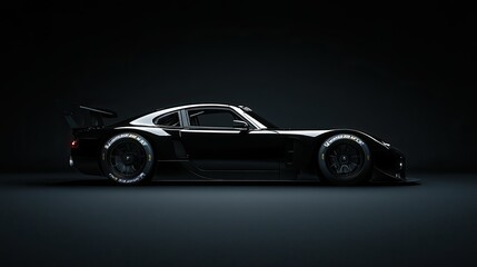 Side view of a generic modern black racing car back and rim lit against a plain black background
