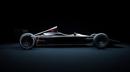 Side view of a generic modern black racing car back and rim lit against a plain black background
