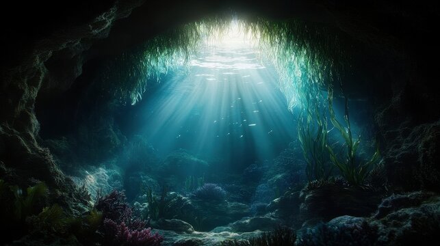 Sunlight Streaming Through Underwater Cave with Lush Marine Vegetation and Fish