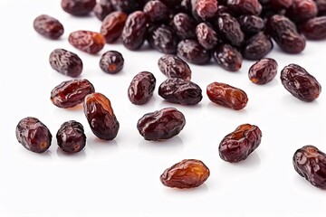 Close-up of dried dates on a white background.