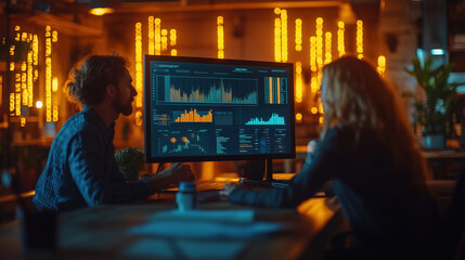 Colleagues Reviewing Data Analytics in Modern Office. Two colleagues in a modern office environment review data displayed on a large monitor with vibrant charts and graphs.