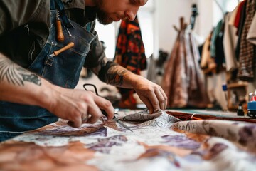Male fashion designer working in workshop Young fashion designer cutting fabric with scissors on workbench in his atelier.