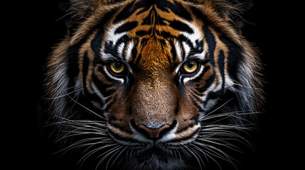 Fototapeta premium Close-up of a fierce tiger face against a dark background, highlighting its sharp eyes, powerful presence, and intricate fur patterns.