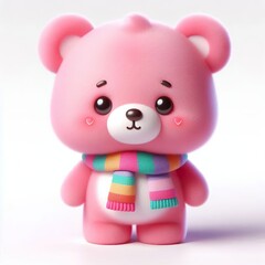 cute 3d fluffy pink teddy bear character with colorful scarf, white background