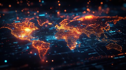 Obraz premium Futuristic Digital World Map with Glowing Data Points and Network Connections Representing Global Technology