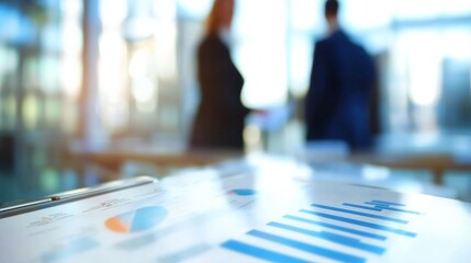 A blurred view of two business professionals in discussion, with focus on financial charts on the desk in the foreground, symbolizing corporate collaboration.