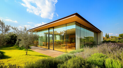 Obraz premium A modern glass-walled building surrounded by lush greenery, blending contemporary architecture with natural beauty on a bright, sunny day.