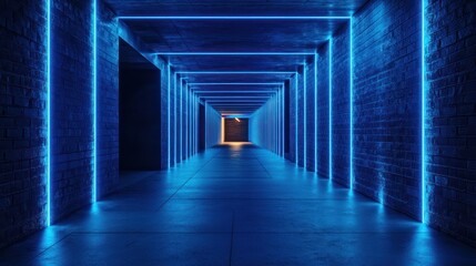 Futuristic Blue Neon Lit Brick Tunnel