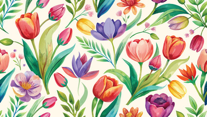 Obraz premium Tulips Spring flowers. Watercolor elegant bright illustration of floral seamless pattern, frame, border, leaves, logo for abstract greeting card, wedding invitation or background