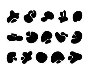 Abstrakcyjne kształty. Organiczne plamy, figury, płynne elementy. Zestaw czarnych graficznych elementów do projektów. Ilustracja wektorowa.