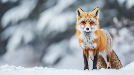 Fototapeta premium Red fox in winter environment looking around. --ar 16:9 --v 6.1 Job ID: c6a71c1b-679d-43e2-af98-69ce96f5fc64
