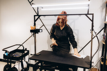 A female groomer cleans the workplace after the animals