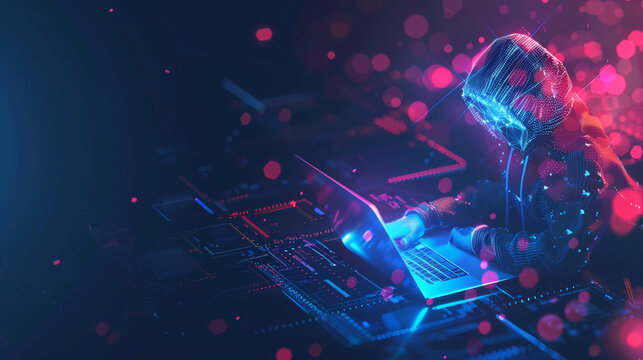 Futuristic image illustration background with anonymous hacker in a black hoodie in dark futuristic digital room with blur rain. Cyber threats and security technology computer data concept. Neon blue