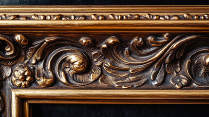 Intricate golden frame detail showcasing elegant floral and swirl patterns, perfect for enhancing art pieces or decor