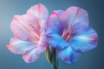 Two pink and blue flowers with white spots