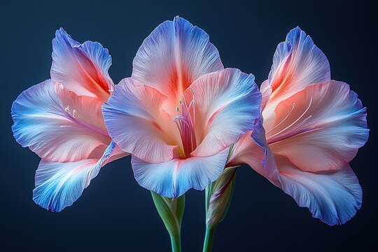 Three pink and blue flowers are arranged in a row