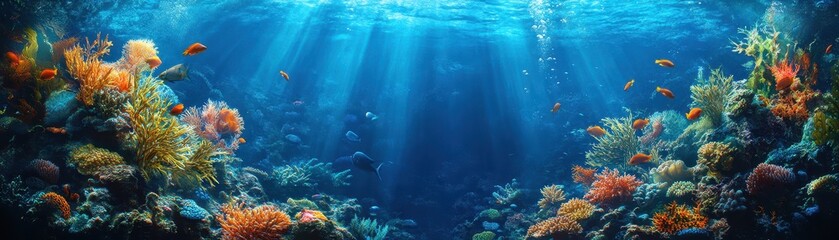 Vibrant Underwater Coral Reef with Colorful Fish and Sunlight Beams in Crystal Clear Ocean