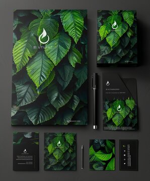 Brand Identity Mock-Up of stationery set with green and white abstract geometric design. Business office stationary mockup template of File folder, annual report, brochure,
