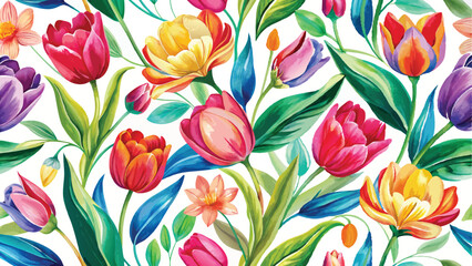 Obraz premium Tulips Spring flowers. Watercolor elegant bright illustration of floral seamless pattern, frame, border, leaves, logo for abstract greeting card, wedding invitation or background