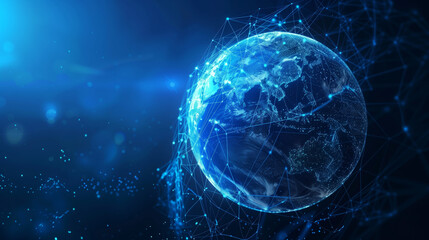 3d render blue neon abstract glowing digital technology  planet with grid dots connections in dark black space galaxy space cosmos. Earth futuristic presentation background cocnept