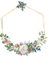 Watercolor Christmas floral Png border, red and white roses, fir, Xmas, arrangement, winter floral frame